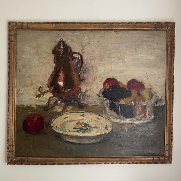 Vintage-Ölgemälde mit Stillleben, Früchten und Kupfertopf, vergoldeter Rahmen