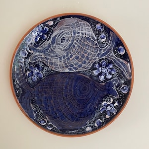 Vintage blue wall plate of fish, handmade in Sweden 1970s, wall plate for bathroom, kitchen, aquatic, sea, beach