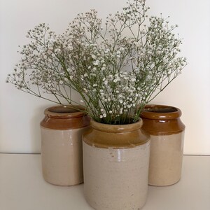 May include: Three vintage stoneware jars in cream and brown, holding white baby's breath. The jars are cylindrical and have a rustic appearance. The arrangement is suitable for home decoration, with a classic, country style.