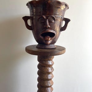 Vintage face brown glazed ceramic planter