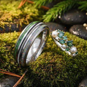 Moss Agate Ring Set for Couples: Nature His and Hers Wedding Bands, Matching Rings