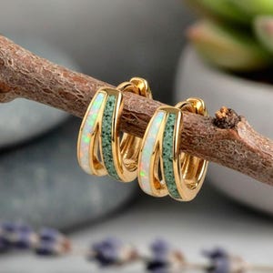 May include: A pair of gold hoop earrings with white and green inlays, presented on a small branch. The earrings have a double-hoop design, with a green stone inlay on the inner hoop and a white stone inlay on the outer hoop. The background is blurred, with hints of greenery.