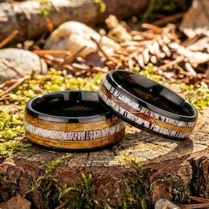 Whiskey Barrel Ring Set, Deer Antler Wedding Bands, Western Promise Rings