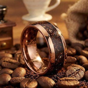 Coffee Lovers Ring, Coffee Beans Inlay Mens Wedding Band, Coffee Connoisseurs Gift