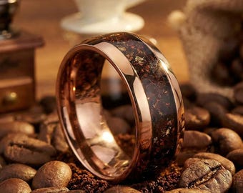 Anillo para amantes del café, alianza de boda para hombre con incrustaciones de granos de café, regalo para amantes del café.
