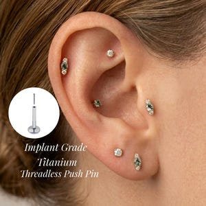 Puede incluir: Primer plano de una oreja adornada con múltiples piercings. La oreja presenta varios pequeños y brillantes tachuelas y pendientes decorativos con detalles en verde oscuro. Una incrustación circular muestra un pasador de empuje plateado sin rosca. Texto: "Implant Grade Titanium Threadless Push Pin."