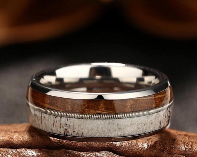 Guitar String Mens Wedding Band - Antler Ring Whiskey Barrel Promise Ring