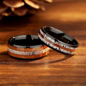 Deer Antler & Whiskey Barrel Wood Couples Rings, His and Hers Wedding Bands, Rustic Wedding Rings, Handmade Matching Set Rings