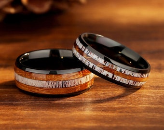 Deer Antler & Whiskey Barrel Wood Couples Rings, His and Hers Wedding Bands, Rustic Wedding Rings, Handmade Matching Set Rings