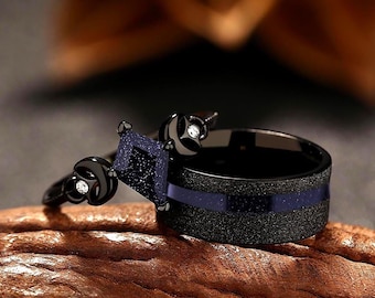 Nebula Ring Set, His and Hers Moon Engagement Ring, Celestial Couple Rings, Gothic Couples Matching Promise Ring, Custom Couples Ring Set