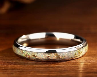 Crushed White Fire Opal Band with Gold Leaf, 4mm Ring Thin Band, Personalized Opal Engagement Ring, Unique Wedding Band, Stacking Ring