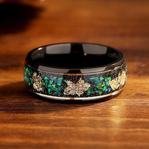 Opal Gold Leaf Ring for Men, 8mm Wedding Band, Emerald Green Fire Opal Gold Leaf Unique Ring, Black Gold Accent Promise Rings.