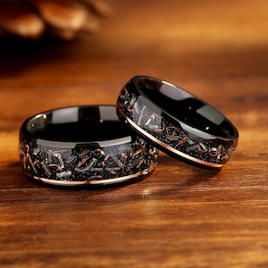 Cosmic Meteorite Couple Rings, Meteorite Gold Leaf Flakes Wedding Band, Stardust Promise Rings, His & Hers Matching Rings, Anniversary Gift