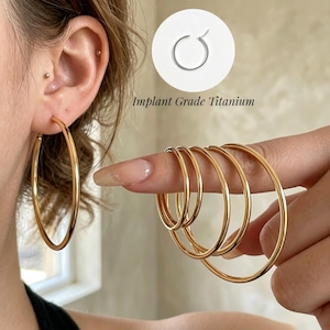 18g Titanium Gold Hoop Earrings | Dainty Hoop Earrings, Thin Hoop Earrings, Large Hoop, Hypoallergenic Hoop Earrings, Lightweight Hoops