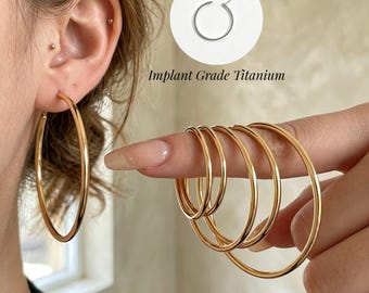Titanium Gold Hoop Earrings | 18g/16g Dainty Hoop Earrings, Thin Hoop Earrings, Large Hoop, Hypoallergenic Hoop Earrings, Lightweight Hoops