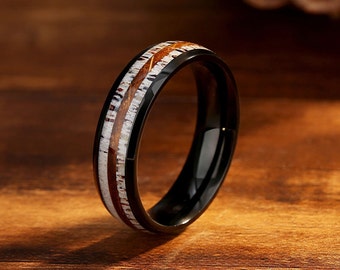 Deer Antler & Charred Whiskey Barrel Wood Wedding Band, 6mm Antler Rings, Black Wooden Whiskey Barrel Band, Engagement Ring.