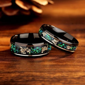 Opal Matching Rings: Emerald Green Promise Rings for Couples, Wedding Band Set