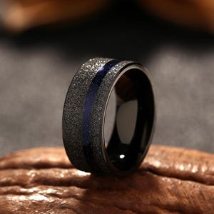 Personalized Space Galaxy Ring, 8mm Wedding Band for Men, Blue Sandstone Ring, Unique Engraved Ring, Promise Ring for Him