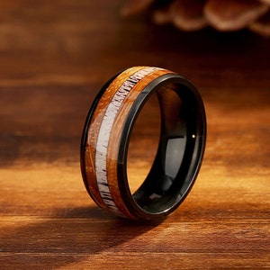 Deer Antler & Charred Whiskey Barrel Wood Wedding Band for Men, Antler Rings, 8mm Black Wooden Whiskey Barrel Band, Engagement Ring.