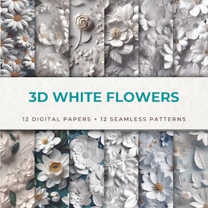 Può includere: Dodici design di carta digitale con fiori di carta 3D bianchi. I design sono senza cuciture e possono essere utilizzati per lo scrapbooking, la creazione di biglietti e altri progetti di artigianato.