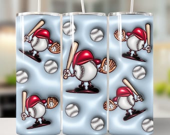 3D Puff Baseball Man Bubble Inflated Tumbler Wrap Designs, Straight and Tapered, Sublimation Puffy Wrap Templates, 4 PNG for 20 oz 30 oz