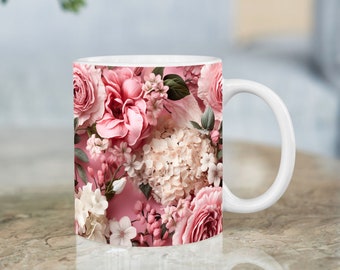 Elegant Pink and White Flowers Seamless Mug - Sublimation Beauty for Delightful Sips