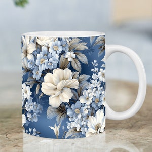 Serene Blue and White Floral Seamless Mug - Sublimation Elegance for Tea and Coffee