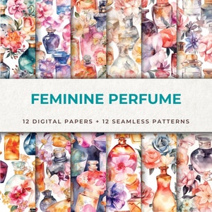 12 Digital Papers with Beautiful Perfume Bottle Seamless Pattern for Scrapbooking and Crafts