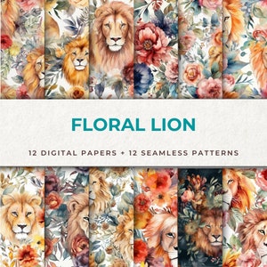 12 papéis digitais com padrão floral de leão sem costura - Libere sua criatividade com a majestosa fusão de florais e leões