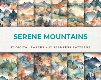 Aquarel Mountain Digital Papers - Set van 12 digitale papieren en 12 naadloze patronen met bergen voor knutselen en scrapbooking