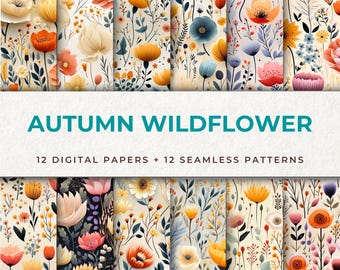 Autumn Wildflower Seamless Digital Papers - Fall Flower Patterns for Crafts and Design | Printable Scrapbook Paper