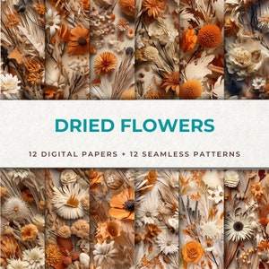 Belleza eterna: 12 papeles digitales con delicados patrones sin costuras de flores secas para tus proyectos de bricolaje
