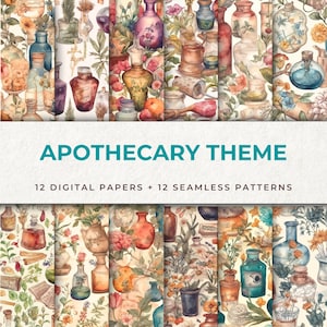 12 carte digitali con motivo senza cuciture a tema farmacista - carte vintage e rustiche per scrapbooking, pianificatore e artigianato