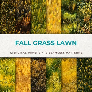 Op de afbeelding: Een digitaal papierpakket met 12 naadloze patronen van herfstgrasvelden in verschillende tinten groen, geel en bruin. De patronen zijn perfect voor het maken van achtergronden, texturen en ontwerpen voor knutselen, scrapbooking en digitale projecten.