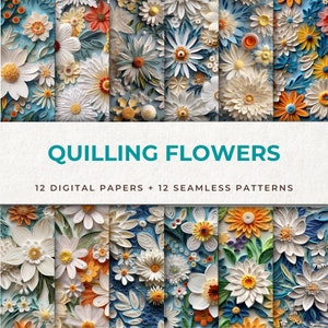 Colorful Quilling Flowers: 12 Digital Papers for Delicate and Artistic Designs, Quilling Flower Seamless Digital Pattern