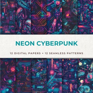 Könnte beinhalten: Ein Set mit 12 digitalen Papieren und 12 nahtlosen Mustern mit Neon-Cyberpunk-Designs. Die Muster umfassen geometrische Formen, Leiterplatten und futuristische Waffen in leuchtenden Farben wie Pink, Blau und Grün.
