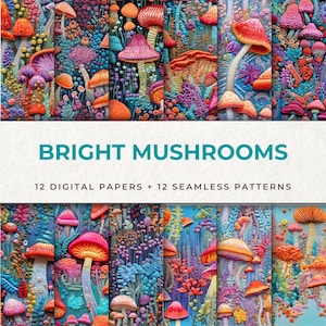 Modello senza cuciture dei funghi della foresta 3D / Funghi luminescenti ricamati Carta digitale / Carta per album stampabile autunnale
