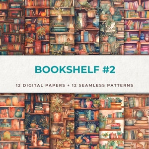 Hermosos diseños de fondo de biblioteca: papel digital de estantería, patrón digital de estantería sin costuras, conjunto de 24 archivos JPEG de alta calidad