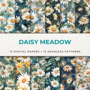 Pacchetto di carta digitale Daisy - Set di 24 file JPEG di alta qualità, documenti digitali con sfondo Daisy, motivo floreale digitale senza soluzione di continuità