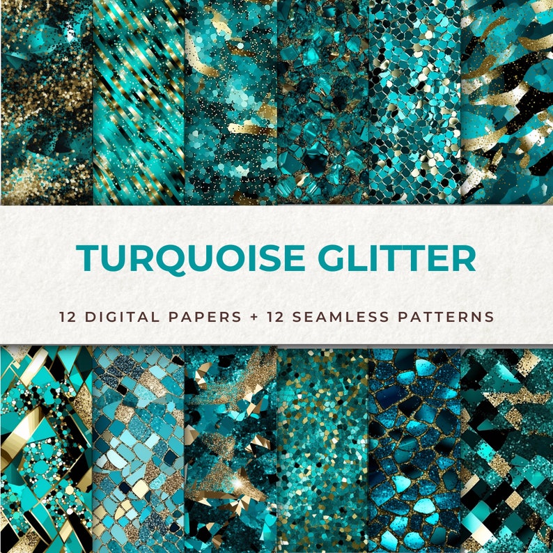 Turquoise Glitter Background Digital Papers - 12 Sparkling Seamless ...