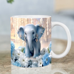 Blue Baby Elephant & Flowers Mug Wrap - Digital Sublimation Template for 11 oz and 15 oz mugs