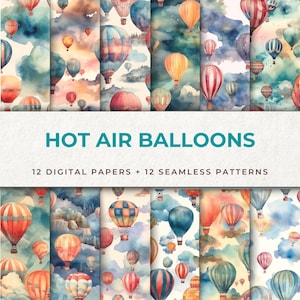 Op de afbeelding: Een set van 12 digitale papieren en 12 naadloze patronen met aquarel illustraties van luchtballonnen in verschillende kleuren en ontwerpen. De patronen zijn perfect voor het maken van scrapbook pagina's, kaarten, uitnodigingen en andere knutselprojecten.