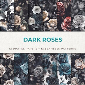 Pakiet papieru cyfrowego Dark Black Roses - zestaw 24 wysokiej jakości plików JPEG, tła z różami, cyfrowy wzór bezszwowych róż