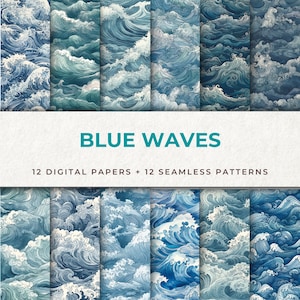 May include: Twelve digital papers featuring a seamless pattern of blue waves. The waves are drawn in a detailed, hand-drawn style, with white foam crests and blue water.