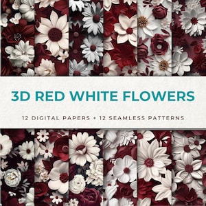Può includere: Un pacchetto di carta digitale con 12 motivi senza cuciture di fiori di carta 3D rossi e bianchi. I motivi sono perfetti per l'artigianato, lo scrapbooking e i progetti di design digitale.