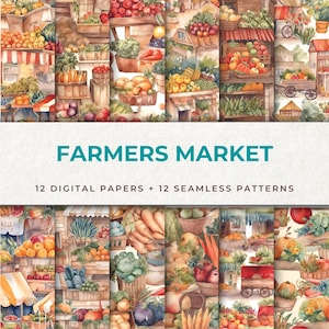 May include: A digital paper pack featuring 12 seamless patterns of a watercolor farmers market scene with fresh produce, wooden stalls, and carts. The patterns are perfect for crafting, scrapbooking, and digital design projects.