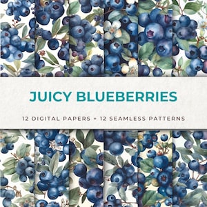 Watercolor Blueberries Digital Papers - Set of 24 High-Quality JPEG Files, Blueberries Background, Seamless Blue Fruity Digital Pattern