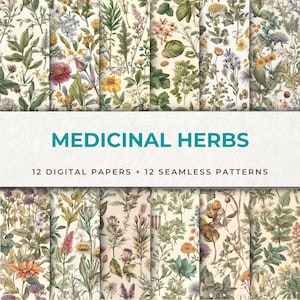 12 papéis digitais com padrão sem costura de ervas medicinais - papéis vintage e rústicos para scrapbooking, planejador e artesanato