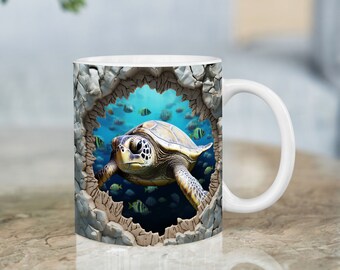 3D Meeresschildkröte Becher Wrap Sublimation | Ozean-Unterwasserschildkröte 11 Unze 15 Unze Becher Sublimation PNG | Schildkröte Becher Design Download PNG, 11oz 15oz