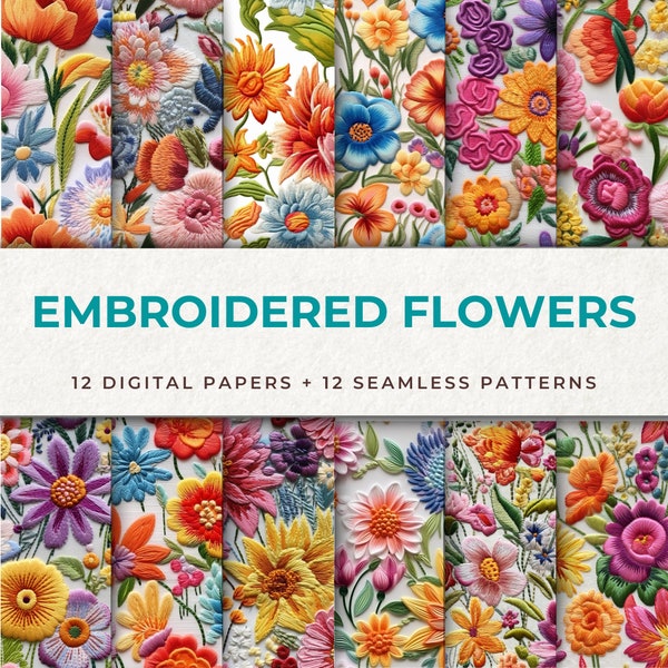 Vibrant Embroidered Flowers: 12 Digital Papers for Colorful and Textured Designs, Embroidered Flower Seamless Digital Pattern